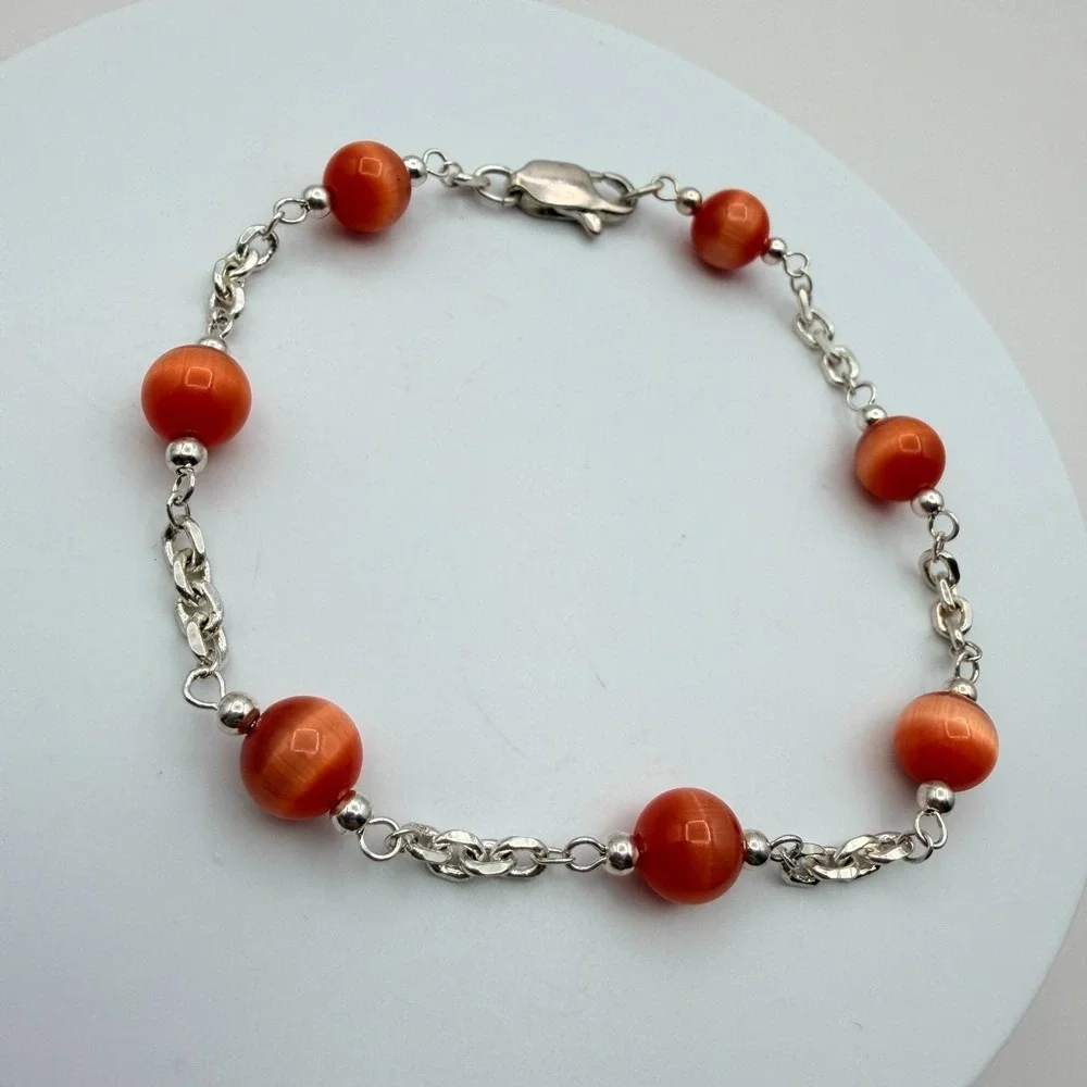 Vintage 90s Women's Silver Tone Chain Burnt Orange Bead Station Bracelet Jewelry